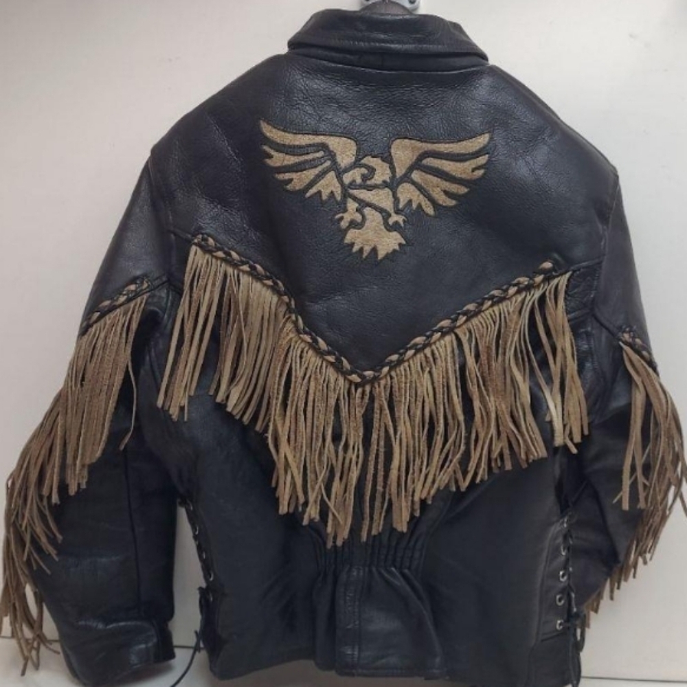 Vintage Leather Club Black & Tan Fringe Leather‎ Jacket, Eagle, XL, 23"PTP, 25"L - Picture 2 of 7
